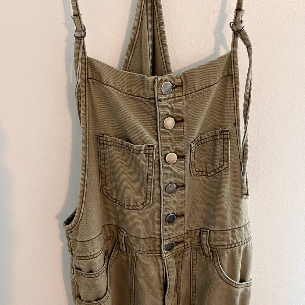 Easel Overalls Womens Small Olive Green Denim Distressed Jumpsuit Lagenlook Boho - Picture 3 of 11